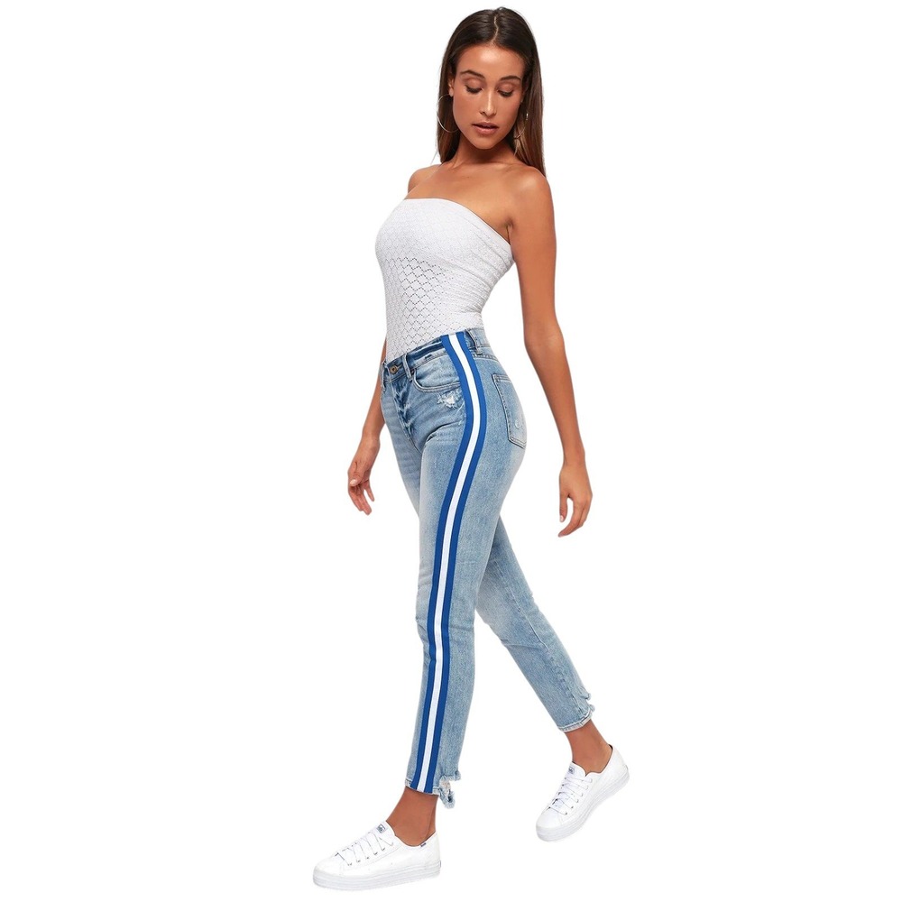 Pistola Nico Light Wash Distressed Mom Jeans 28 Side Stripe Streetwear Sporty